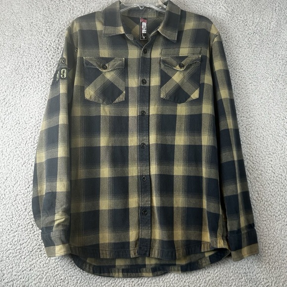 Metal Mulisha Large Tan Black Plaid Long Sleeve Button Up Flannel Biker Hipster - Picture 1 of 7